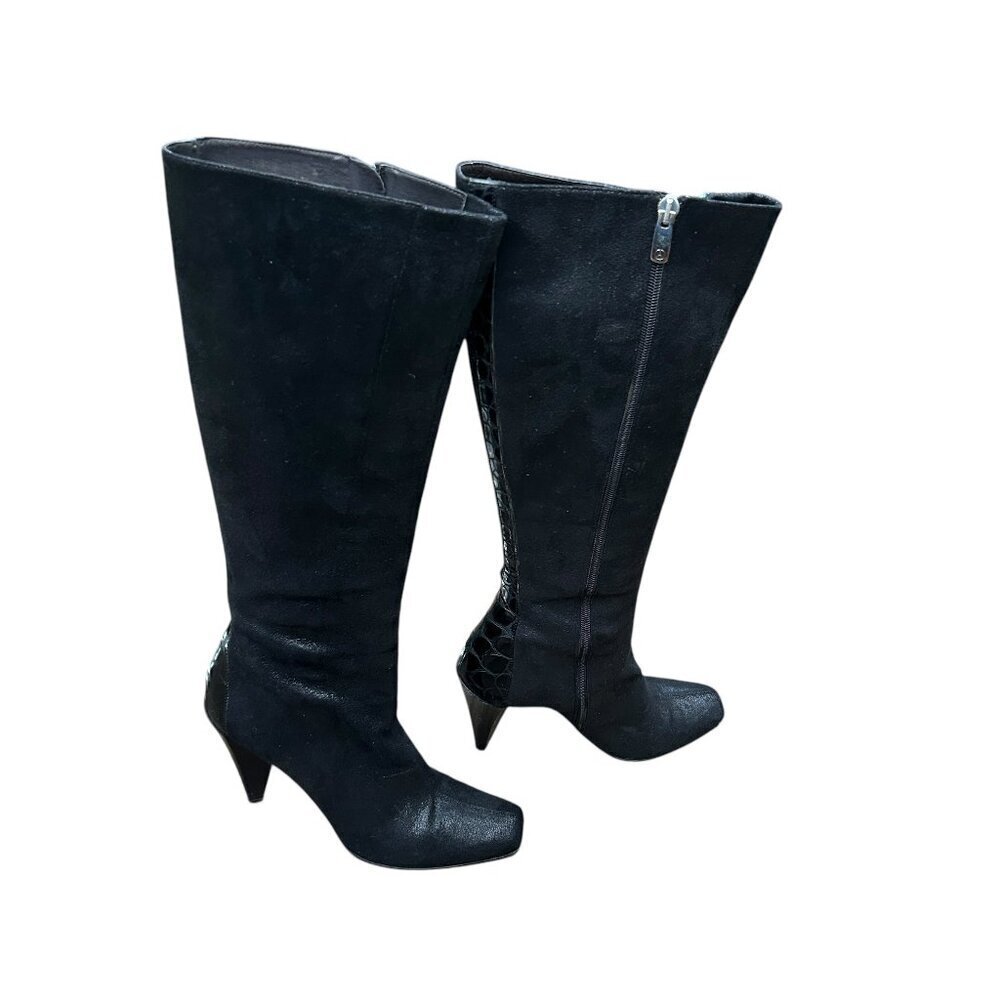 Donald J. Pliner Couture Bobina Black Suede Croc Panel High Heel Boots Size 10N - Picture 2 of 16